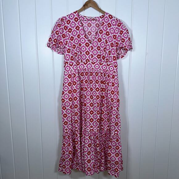 Boden Plus SIze Dress 16 Linen Midi Length Pink White Red Short Sleeve Pullover - Picture 1 of 8